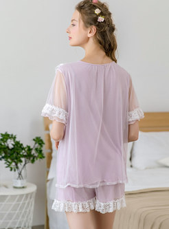 Sweet V-neck Mesh Patchwork Lace Pajama Set