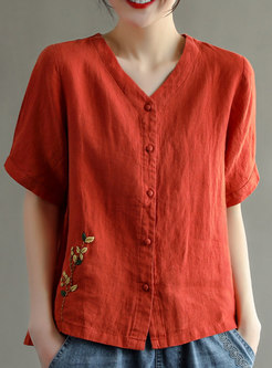 Vintage Embroidered Short Front Long Back Linen Shirt