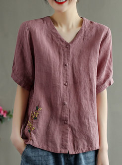 Vintage Embroidered Short Front Long Back Linen Shirt