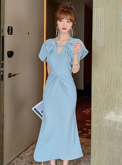 Sexy Light Blue Flare Sleeve Slim Maxi Dress