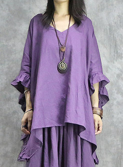 Purple 3/4 Sleeve Linen Irregular Pullover Blouse