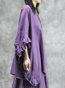 Purple 3/4 Sleeve Linen Irregular Pullover Blouse