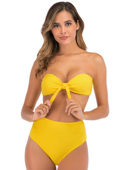 Sexy Ruched Knot Front Solid Detachable Bikini