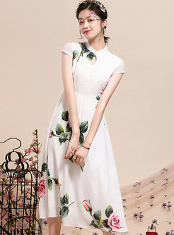 Mandarin Collar Cap Sleeve Print Midi Dress