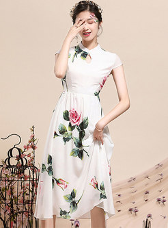 Mandarin Collar Cap Sleeve Print Midi Dress