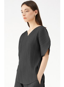 Solid Puff Sleeve V-neck Pleated T-shirt