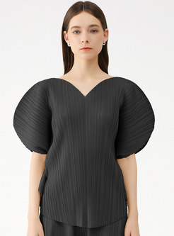 Solid Puff Sleeve V-neck Pleated T-shirt