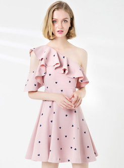 Sweet Heart Print One Shoulder Mini Dress
