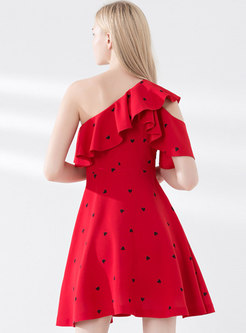 Sweet Heart Print One Shoulder Mini Dress