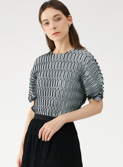 Grey Crew Neck Pullover Plaid Pleated T-shirt