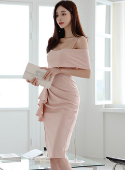 Sexy Pink Off-the-shoulder Ruched Bodycon Slip Dress