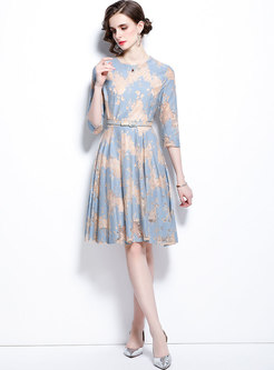 3/4 Sleeve Chain Link Flowers Lace Skater Dress