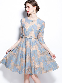 3/4 Sleeve Chain Link Flowers Lace Skater Dress
