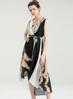 V-neck Sleeveless Print Asymmetric Maxi Dress