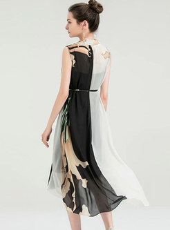 V-neck Sleeveless Print Asymmetric Maxi Dress