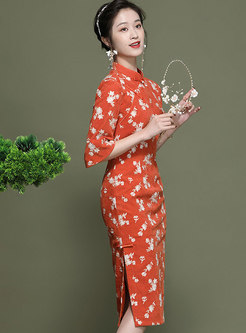 Mandarin Collar Flare Sleeve Embroidered Bodycon Dress