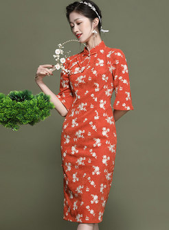 Mandarin Collar Flare Sleeve Embroidered Bodycon Dress