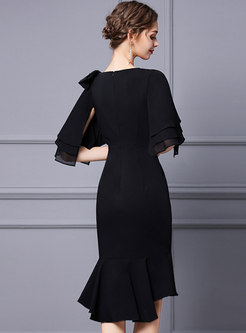 Black Half Sleeve Beaded Bodycon Peplum Dress