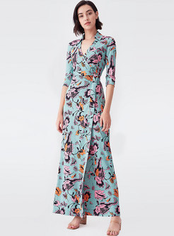 Blue V-neck Print 3/4 Sleeve Wrap Maxi Dress