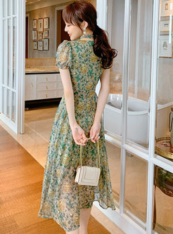 Vintage Green Floral V-neck A Line Dress