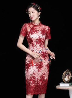 Red Transparent Mandarin Collar Cheongsam Dress