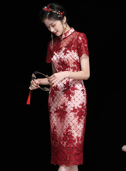 Red Transparent Mandarin Collar Cheongsam Dress