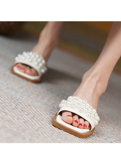 Pearl Embellished Leather Flat Slippers