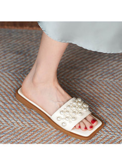 Pearl Embellished Leather Flat Slippers