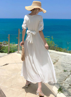 White V-neck Half Sleeve Openwork Beach Dress