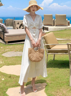 White V-neck Half Sleeve Openwork Beach Dress