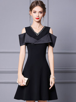 V-neck Rhinestone Cold Shoulder Black Cocktail Dress