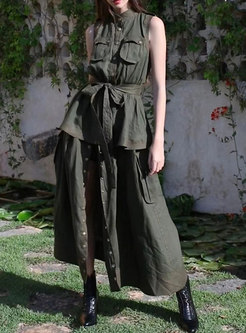 Army Green Sleeveless Single-breasted Maxi Dress