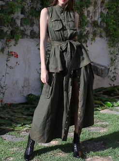 Army Green Sleeveless Single-breasted Maxi Dress