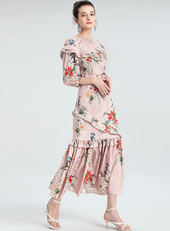 Pink Print 3/4 Sleeve Ruffle Tiered Maxi Dress