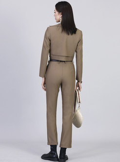 Brief Lapel Long Sleeve Top Straight Pant Suits