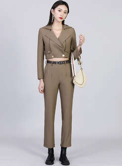 Brief Lapel Long Sleeve Top Straight Pant Suits
