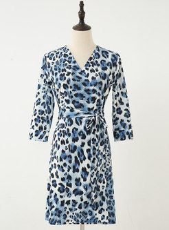 Leopard V-neck 3/4 Sleeve Self-tie Sheath Dress