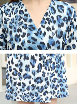 Leopard V-neck 3/4 Sleeve Self-tie Sheath Dress