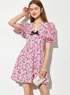 Pink Lapel Print Puff Sleeve A Line Mini Dress