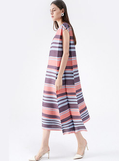 Casual Sleeveless Striped Pleated Plus Size Dress