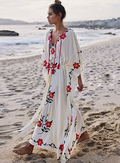 Boho Batwing Sleeve Embroidered Beach Maxi Dress