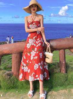 Sexy Halter Print A Line Big Hem Beach Maxi Dress