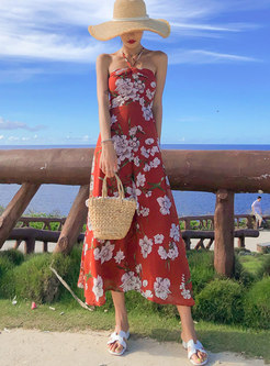 Sexy Halter Print A Line Big Hem Beach Maxi Dress