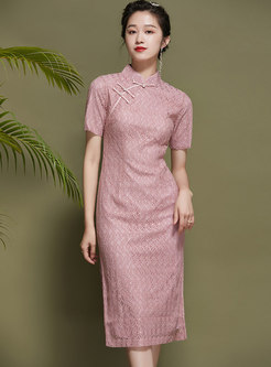 Retro Mandarin Collar Split Lace Cheongsam Dress