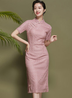 Retro Mandarin Collar Split Lace Cheongsam Dress