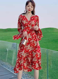 Red Print Flare Sleeve A Line Midi Dress