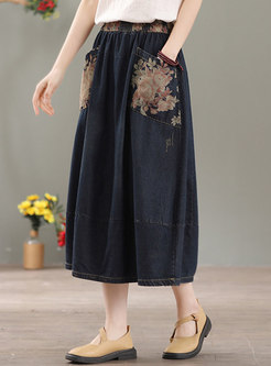 Plus Size High Waisted Embroidered Denim Maxi Skirt