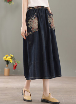 Plus Size High Waisted Embroidered Denim Maxi Skirt