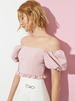 Pink Off-the-shoulder Puff Sleeve Crop Top