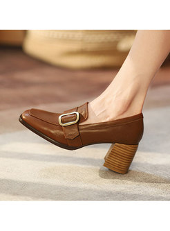 Brief Square Toe Buckle Chunky Heel Shoes